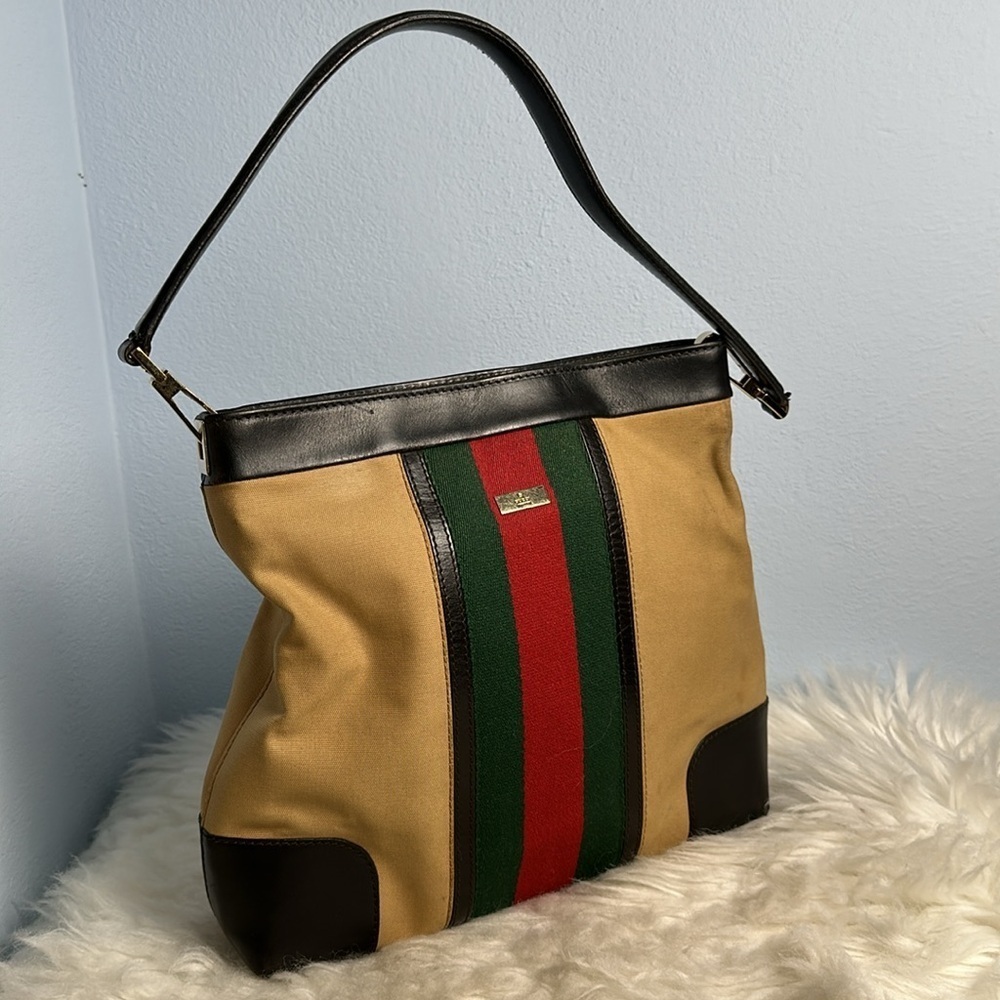 Vintage Gucci Web Stripe Canvas Leather Shoulder Hobo Bag Brown Red Green - Picture 5 of 16